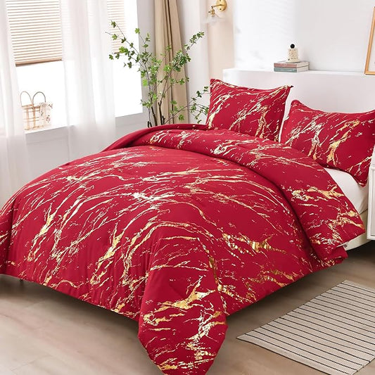 WONGS BEDDING Red Gold Metallic Marble Comforter Set Queen,Red Christmas Bedding Sets with 2 Pillowcases for All Seasons, Soft Microfiber Filling Bedding Duvet Set 90"x90"