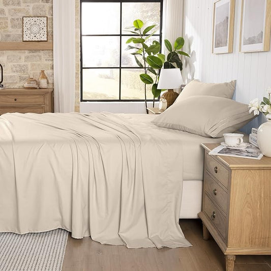 ROSE&RISY Sand Queen Sheet Set, Pre-Washed Cotton-Like Brushed Microfiber, 4 Pieces Super Soft Bed Sets, Breathable Cooling Deep Pockets, Includes 1 Fitted, 1 Flat, 2 Pillowcases (Sand, Queen)