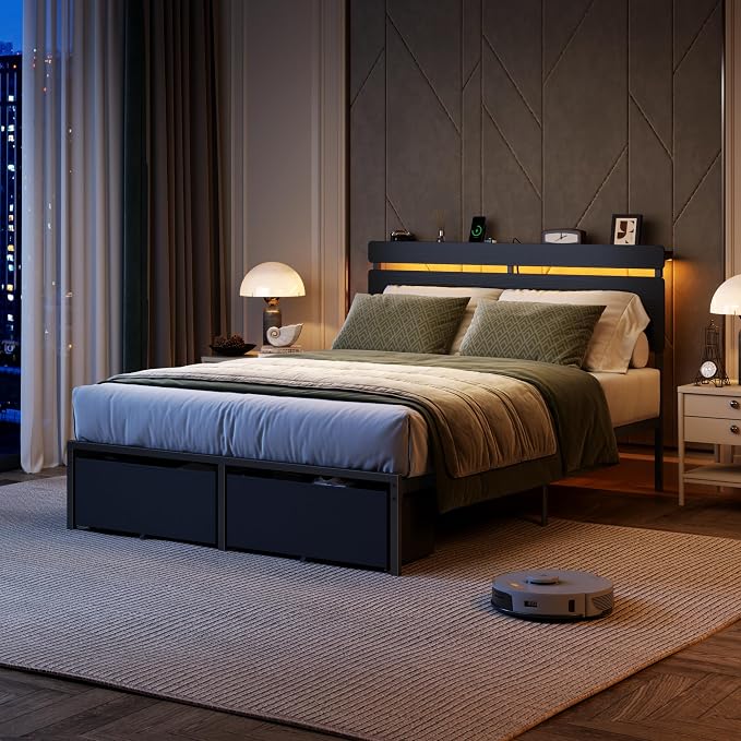 Forestell Full Size Bed Frame with Wood Headboard,2 Storage Drawers & Shelf | Built-in Charging Station & LED Lights, Metal Support, No Box Spring Needed, noise-free, easy assembly, Smart RGB, USB+Type-C
