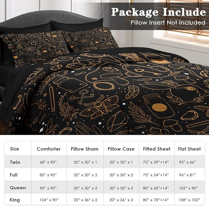 Comforter Set Full Size, Vintage Witch Dream 7 Pcs Bedding for Kids and Adults, Boho Mystic Occult Bed Sheet Sets with Fitted Sheet 2 Pillowcases & 2 Shams for Bedroom Bed Decor