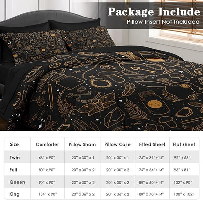 Comforter Set Queen Size, Vintage Witch Dream 7 Pcs Bedding for Kids and Adults, Boho Mystic Occult Bed Sheet Sets with Fitted Sheet 2 Pillowcases & 2 Shams for Bedroom Bed Decor