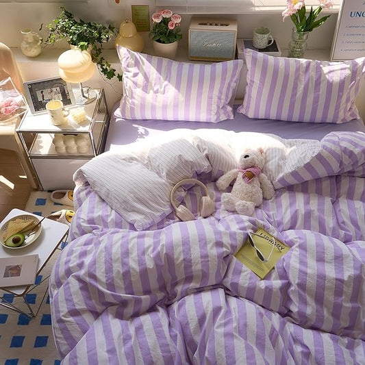 EAVD Farmhouse Purple Striped Duvet Cover Twin XL Soft Washed Microfiber Pink White Vertical Striped Bedding Set with 2 Pillowcases Modern Geometric Pattern Duvet Cover with Zipper Closure