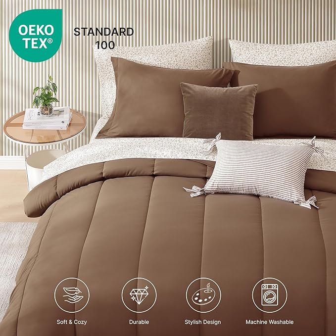 Monbix Full Comforter Set - 7 Pieces Brown Bed in a Bag Full Size Track Stitching Bedding Sets, All Seasons Comforter with Sheets, Pillowcases & Shams