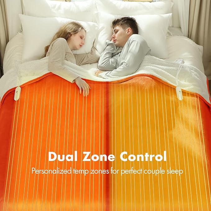 Electric Blanket King Size 100" x 90" - Soft Flannel Sherpa Heated Blanket King with Dual Control, 5 Heating Levels & 10 Hours Auto Off, Washable Heating Blanket with Fast Heating (Orange)