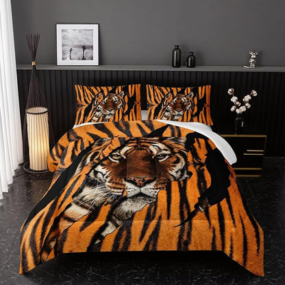 Mighty Tiger Comforter Sets Queen Size,Animal Bedding Set for Your Room,Tiger Fur Soft Lightweight Quilted Set All Season,1 Comforter and 2 Pillowcases