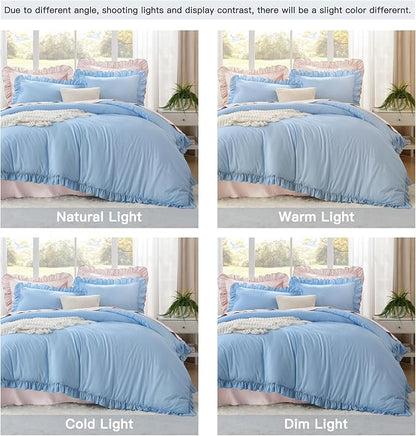 Litanika Light Blue Queen Comforter Set, 3 Pieces Ruffle Farmhouse Aesthetic Bedding Comforter Set, All Season Soft Lightweight Fluffy Microfiber Bed Set(90x90In Comforter, 2 Pillowcases)