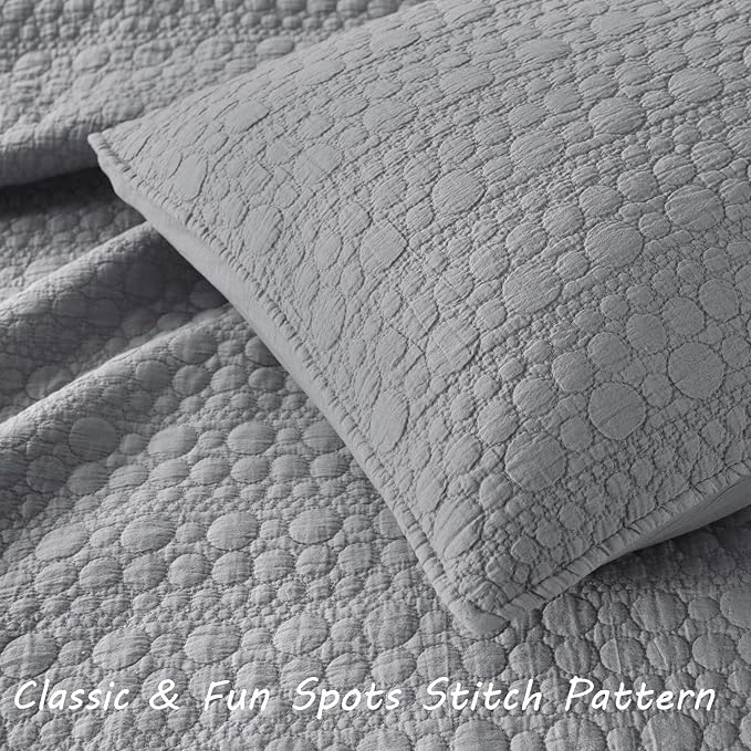 HORIMOTE HOME Quilt Set Queen Size Grey, Classic Geometric Spots Stitched Pattern, Pre-Washed Microfiber Chic Rustic Look, Ultra Soft Lightweight Quilted Bedspread for All Season, 3 Pieces