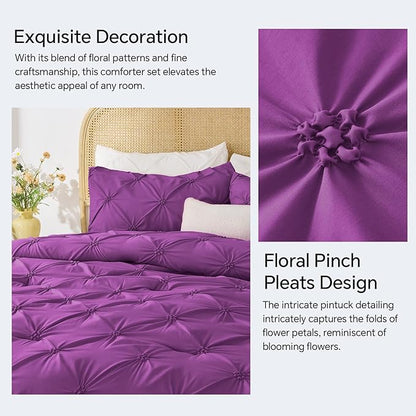 BEDELITE Purple Queen Comforter Set - 3 Pieces Boho Pintuck Bedding Comforter Sets, Lightweight Soft & Warm Bed Comforter Queen with 2 Pillowcases for All Season