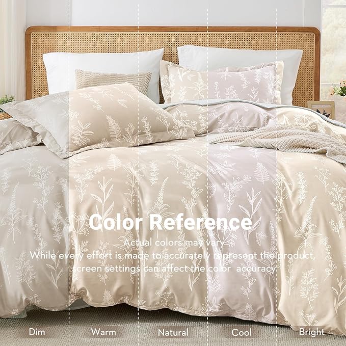 MUXHOMO Duvet Cover King Size, Reversible Floral Beige Duvet Cover Set with Zipper Closure, 3 Pieces Botanical Patterns Soft Microfiber Bedding Set (90"x104", 2 Pillow Cases 20"×36")