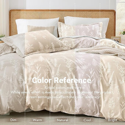 MUXHOMO Duvet Cover Full Size, Reversible Floral Beige Duvet Cover Set with Zipper Closure, 3 Pieces Botanical Patterns Soft Microfiber Bedding Set with 4 Ties (80"x90", 2 Pillow Cases)