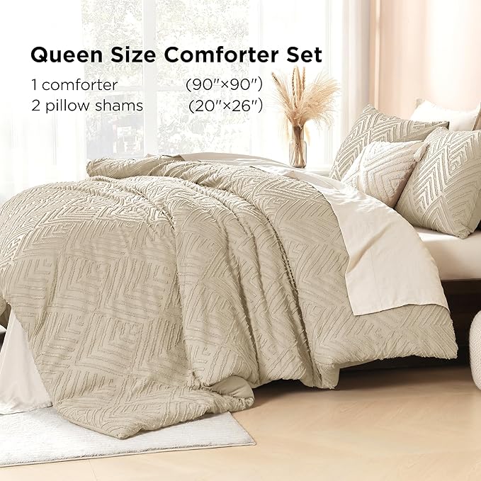 Litanika Khaki Queen Comforter Set, 3 Pieces Tufted Boho Farmhouse Bedding Comforter Sets, Lightweight Fluffy Comforter Bed Set for All Season (90x90In Comforter and 2 Pillowcases)