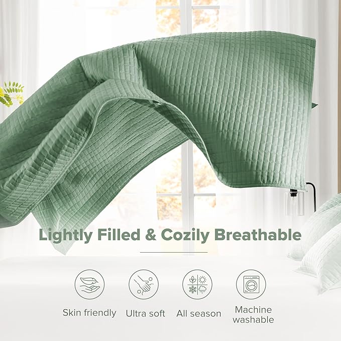Comfort Spaces Kienna Quilt Set- Double Sided Stitching Design Summer Blanket, Lightweight, Soft, All Season Bedding Layer, Matching Sham, Sage Green, Coverlet King (104"x90") 3 Piece