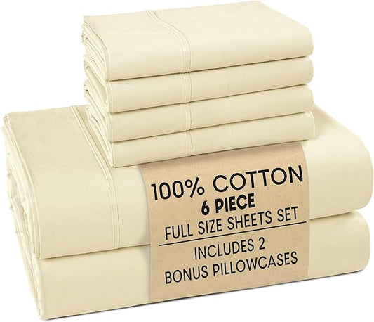 Casa Platino Full Bed Sheets – Breathable 6 Piece Percale Cooling Full Sheets with Crisp Feel, with 15 Inch Deep Pocket Fitted Sheet, Ultra Soft & Cozy Feel, Fit – Ivory
