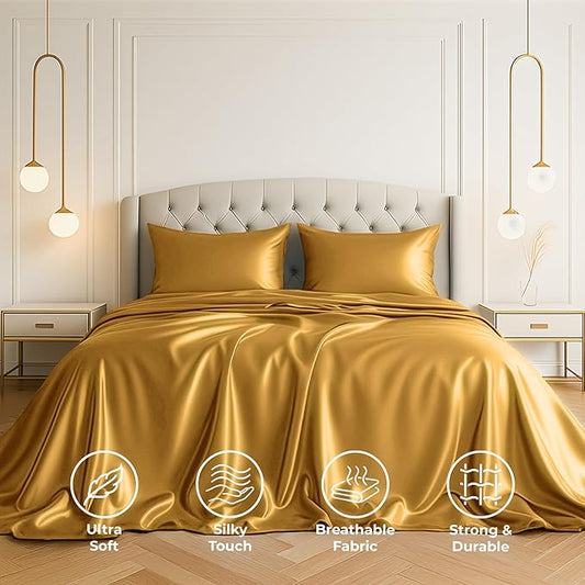 Satin Sheets King [4-Piece, Gold] Hotel Luxury Silky Bed Sheets - Extra Soft 1800 Microfiber Sheet Set, Wrinkle, Fade, Stain Resistant - Deep Pocket Fitted Sheet, Flat Sheet, Pillow Cases