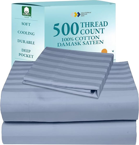 California Design Den Bed Sheets Twin Size, Soft 100% Cotton Sheets Deep Pockets Elastic, 500 Thread Count Sateen, Damask Stripe Bedding Sheets Twin Sheets (Light Blue - Striped)