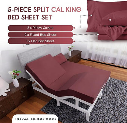 Split California King Sheets Sets - 5 Pcs Set - California King Split Sheet Sets for Adjustable Bed Split Cal King Sheets Sets for Adjustable Bed Cal King Split Sheets (Burgundy)