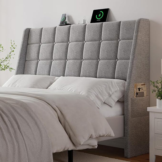 Ergonomic Upholstered Headboard Queen Size w/Charging Station, Linen Wingback Headboards w/Storage Pocket, Queen Headboard Only, Bed Frame Adapters, Sturdy Stable Solid Wood Bed Head Board, Light Grey