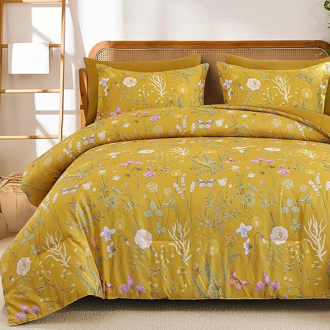 Yiran Queen Comforter Set, 7 Pieces Yellow Floral Soft Bedding Sets, Queen Bed in a Bag with Botanical Flowers All Season Comforter, Sheets, Pillowcases & Shams