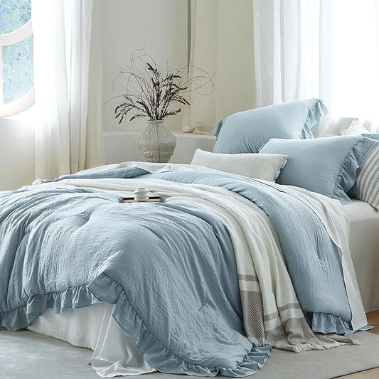 Blue Ruffle Comforter Set Twin, Pre-Washed Shabby Chic Bedding Set, Lightweight Cottagecore Soft Romantic Cozy 1 Comforter & 1 Sham, All-Season