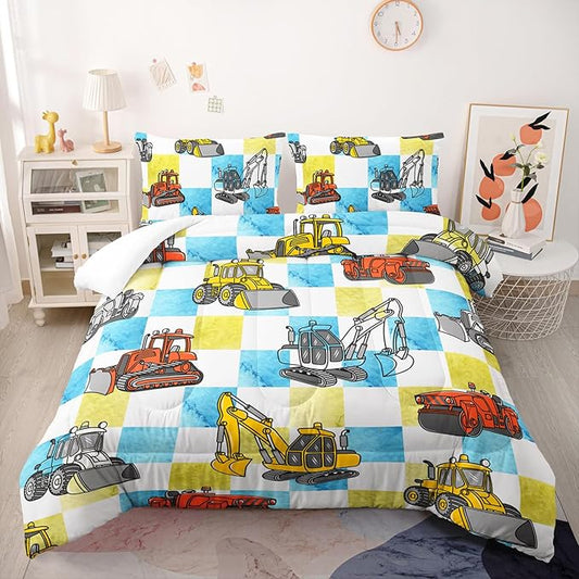 Boy's Construction Truck Comforter Set Twin,Orange,and Yellow Truck 3 Pieces Bedding Set for Kids Boys Teens,Blue and Yellow Plaid Microfiber Lightweight Quilt Bedroom Decor with 2 Pillow Cases