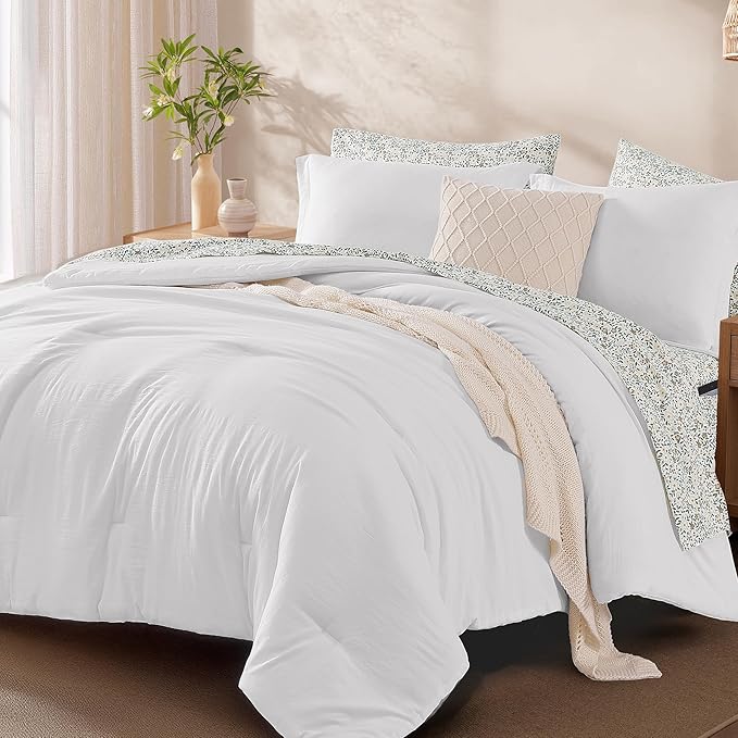 Monbix Full Size Comforter Set - 7 Pieces White Prewashed Bed in a Bag Full Bedding Sets with Comforters, All Seasons Ultra Soft Comforter Bed Set with Sheets, Pillowcases & Shams