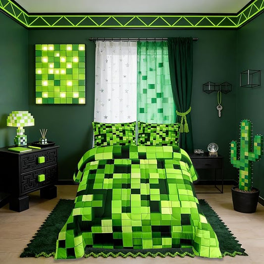Pixelated Miners Game Comforter Set King Size,Video Games Gamepad Gaming Kids Bedding Set,Geometric Square Quilt Comforter,Light Green Duvet Insert,2 Pillowcases
