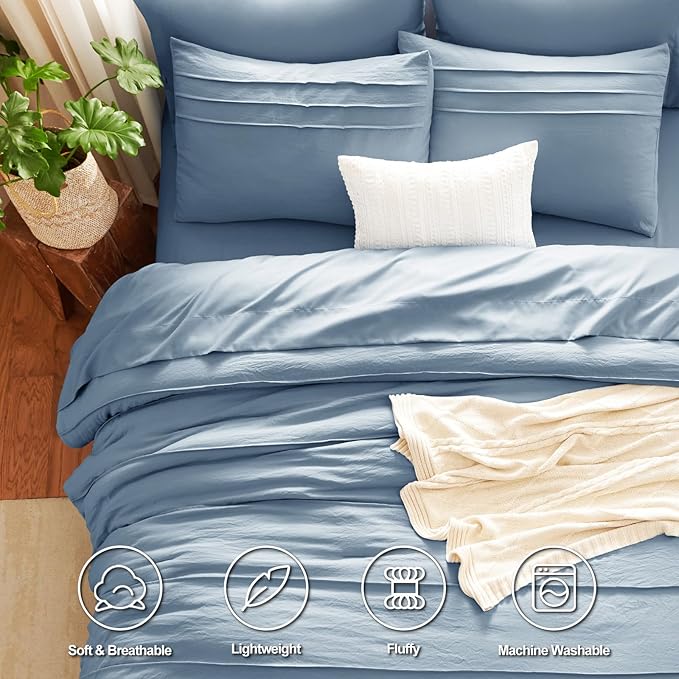 CozyLux Full Size Comforter Set Grayish Blue, 7 Pieces Soft Pinch Pleat Bed in a Bag Full Comforter Set with Sheets, Boho Bed Set with Down Alternative Comforter, Sheets, Pillowcases & Shams