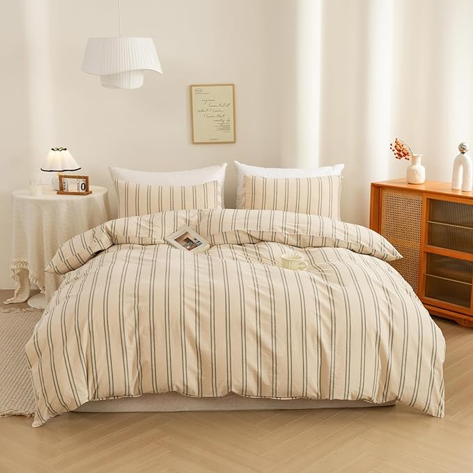 ECOCOTT Duvet Cover King Size - Linen Feel Organic Natural 100% Washed Cotton, Soft Breathable & Durable Bedding Set, Comfy Stripe Design for All Seasons