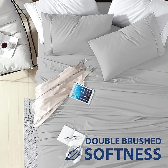Cathay Home Essentials Ultra Soft Hypoallergenic Wrinkle Resistant Double Brushed Microfiber Bedding Sheet Set, Light Gray, Twin