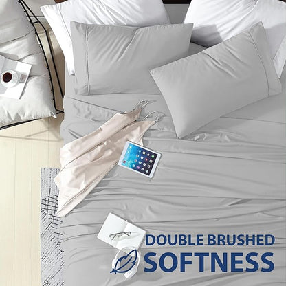 Cathay Home Essentials Ultra Soft Hypoallergenic Wrinkle Resistant Double Brushed Microfiber Bedding Sheet Set, Light Gray, Queen