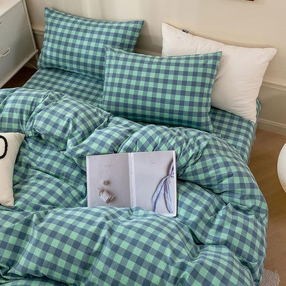 HighBuy Turquoise Gingham Comforter Set Full Vintage Chic Plaid Grid Printed Bedding Comforter with 2 Pillowcases,Fluffy Soft Checkered Comforter Set Plaid Bedding Sets 3 Pieces,Breathable