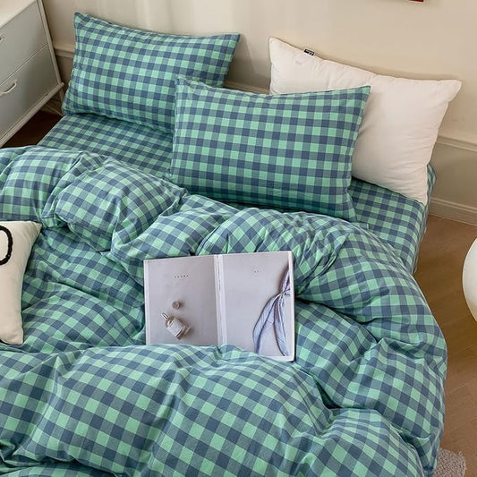 HighBuy King Comforter Set Turquoise Gingham Comforter for Women Men,Modern Geometric Plaid Comforter Set Fluffy Soft Grid Gingham Bedding Set Checkered Pattern Comforter with 2 Pillowcases