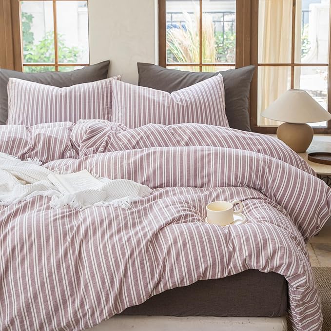 Striped Duvet Cover Set 100% Washed Cotton Linen Like Soft Feelling Breathable Bedding(Dusty Purple,Full)