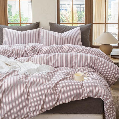 Striped Duvet Cover Set 100% Washed Cotton Linen Like Soft Feelling Breathable Bedding(Dusty Purple,Full)