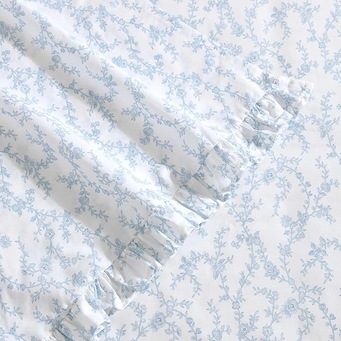 Laura Ashley - Queen Sheet Set, Breathable Percale Cotton Bedding, 200 Thread Count, Floral Home Decor (Victoria Blue, Queen)