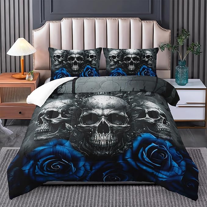 Skull Bedding Set - Twin Size Gothic Skull Comforter Set - Blue & Black Quilt