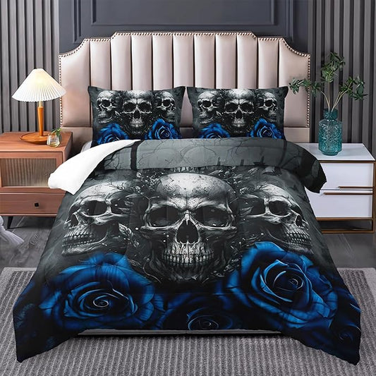 Skull Bedding Set - Twin Size Gothic Skull Comforter Set - Blue & Black Quilt