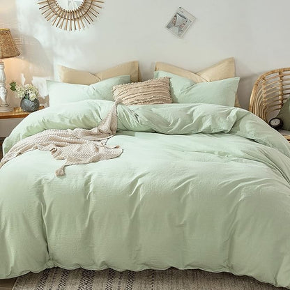 MooMee Bedding Duvet Cover Set 100% Washed Cotton Linen Like Textured Breathable Durable Soft Comfy (Heathered Seaglass Green, Queen 90"x90")
