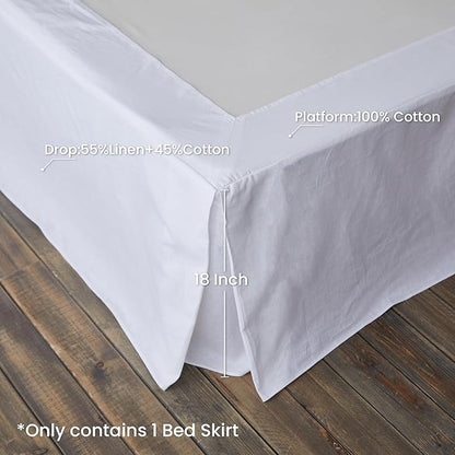 BISELINA French Linen Wrap Around Bed Skirt with Pleated Corner 18-Inch Tailored Drop Natural Flax Cotton Blend Basic Soft Cozy (18" Queen, White)