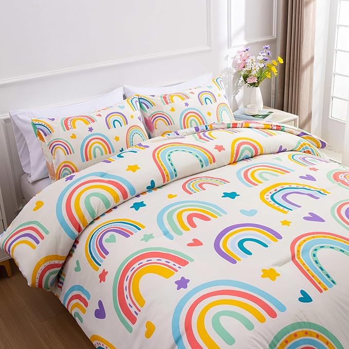 Btargot 3 Piece Kids Rainbow Comforter Set with 2 Pillow Covers, Cartoon Love Hearts Suns and Stars Bedding Set for Girls Boys Kids, Twin Beige
