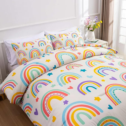 Btargot 3 Piece Kids Rainbow Comforter Set with 2 Pillow Covers, Cartoon Love Hearts Suns and Stars Bedding Set for Girls Boys, Full Beige