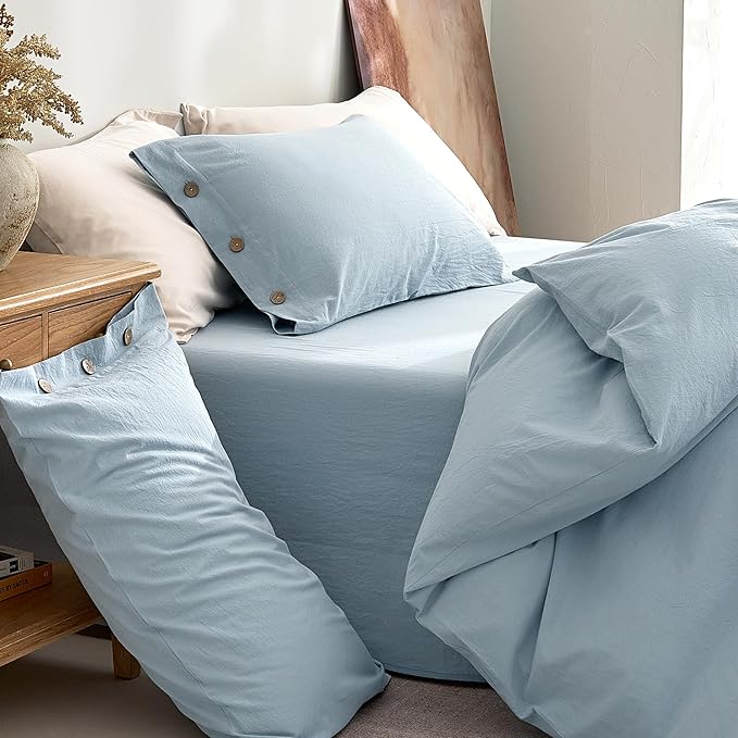 JELLYMONI 100% Washed Cotton Duvet Cover Twin – Soft, Breathable Linen-Look Bedding with Natural Wrinkle Texture, Button Closure, 2-Piece Set (Mist Blue, 68"x90")
