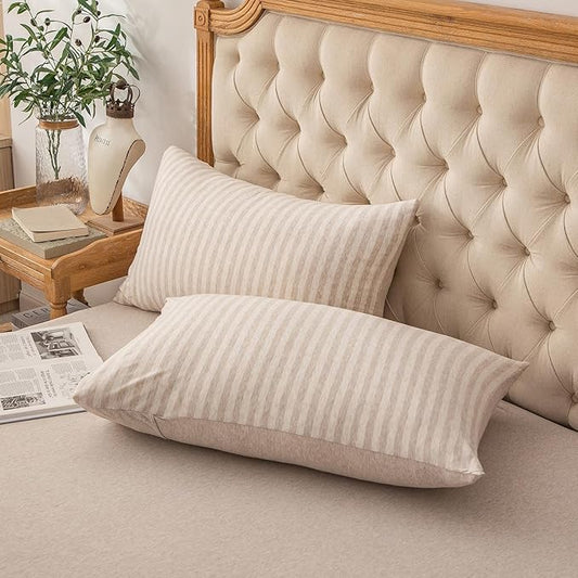 PURE ERA Jersey Knit Pillowcases 100% T-Shirt Cotton Super Soft Comfy Breathable, Set of 2, Standard 20" x 26", Heather Beige Stripe