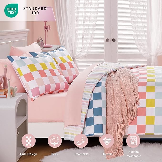 Full Size Comforter Set for Girls-7 Pieces Colorful Check Full Bedding Sets for Kids, Ultra Soft Bed in A Bag with Sheets
