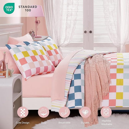 Twin Comforter Set for Girls-5 Pieces Colorful Check Twin Bedding Sets for Kids, Ultra Soft Bed in A Bag with Sheets