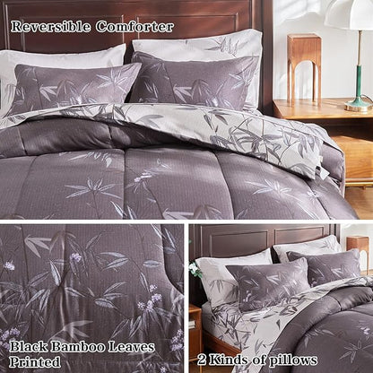 6 Piece Bed in a Bag Twin Comforter Set with Sheets, Black Leaves Botanical Design Lightweight Bedding Sets for Kids (1 Comforter, 2 Pillow Shams, 1 Flat Sheet, 1 Fitted Sheet, 1 Pillowcases)