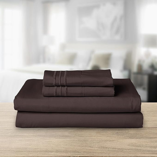 Elegant Comfort Luxurious 1500 Premium Hotel Quality Microfiber Three Line Embroidered Softest 4-Piece Bed Sheet Set, Wrinkle and Fade Resistant, Queen, Chocolate Brown