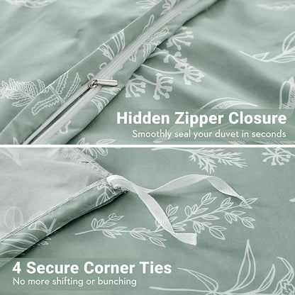 MUXHOMO Duvet Cover King Size, Reversible Floral Green Duvet Cover Set with Zipper Closure, 3 Pieces Botanical Patterns Soft Microfiber Bedding Set (90"x104", 2 Pillow Cases 20"×36")