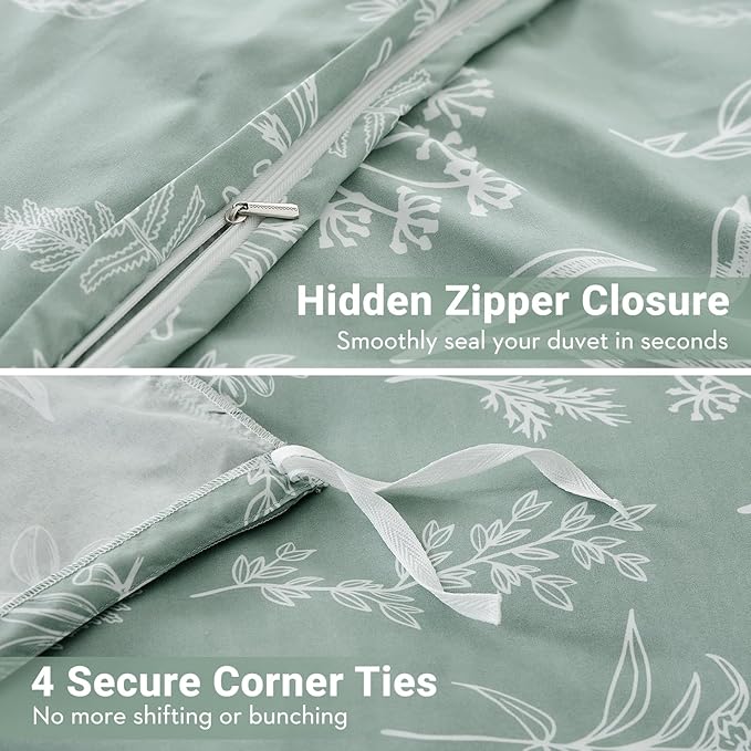 MUXHOMO Duvet Cover Full Size, Reversible Floral Green Duvet Cover Set with Zipper Closure, 3 Pieces Botanical Patterns Soft Microfiber Bedding Set with 4 Ties (80"x90", 2 Pillow Cases)