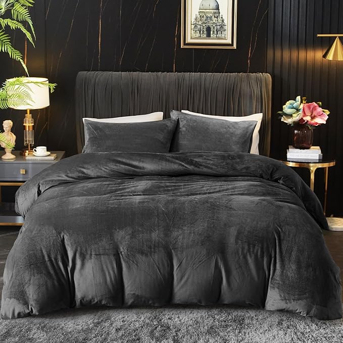 Ivellow Velvet Duvet Cover King Set Charcoal Gray Velvet Duvet Cover King Comforter Cover 3Pcs Ultra Soft Duvet Cover Breathable Solid Luxury Flannel Velour Duvet Cover Zipper Closure Corner Tie